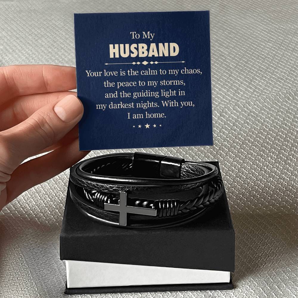 Gift For Husband - With You I Am Home - Men's Cross Leather Bracelet - The Shoppers Outlet