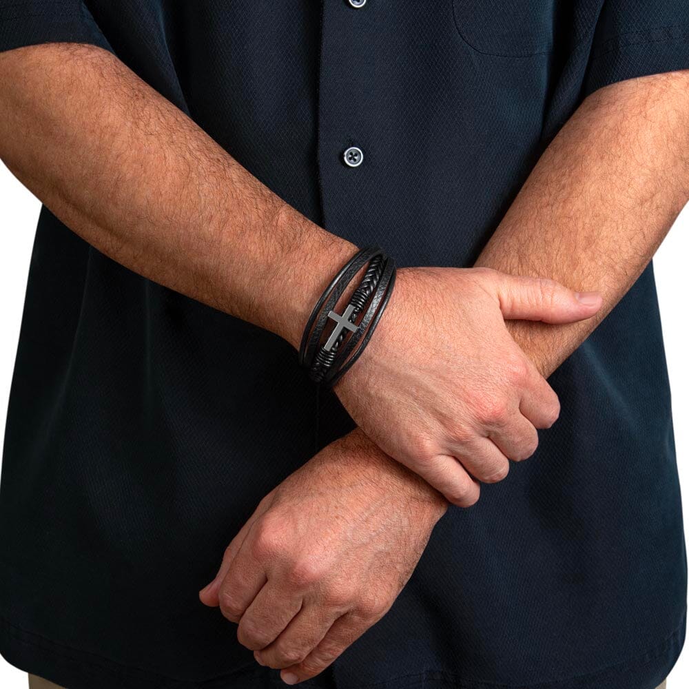 Gift For Dad - For All Those Times I Left It Unsaid Thank You - Men's Cross Leather Bracelet - The Shoppers Outlet