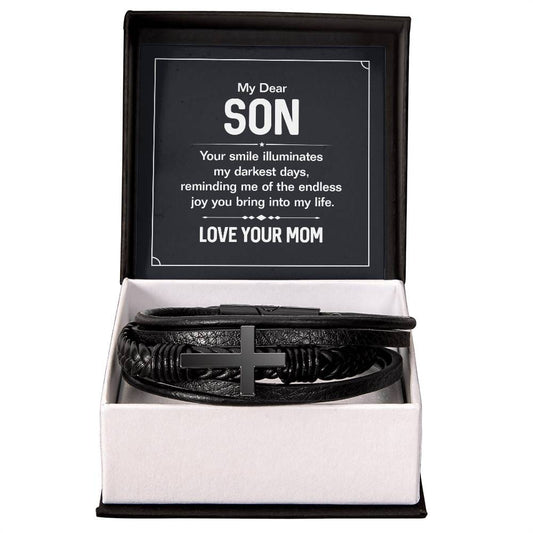 Gift For Son - My Dear Son - Men's Cross Leather Bracelet - The Shoppers Outlet