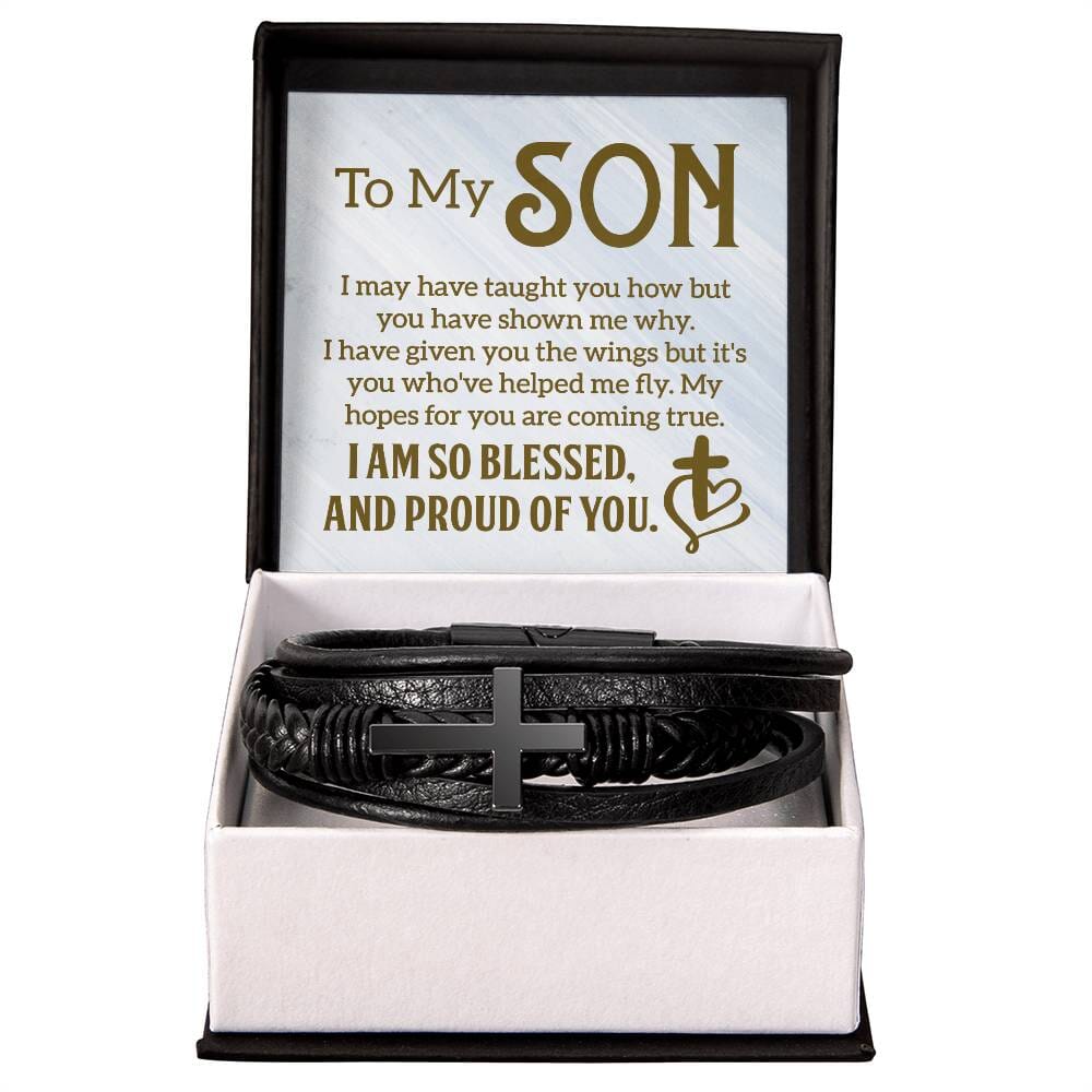 Gift For Son - I Am So Blessed And Proud Of You - Men's Cross Leather Bracelet - The Shoppers Outlet