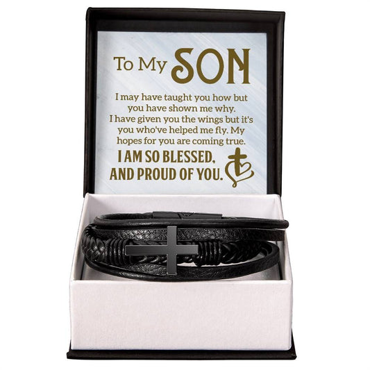 Gift For Son - I Am So Blessed And Proud Of You - Men's Cross Leather Bracelet - The Shoppers Outlet