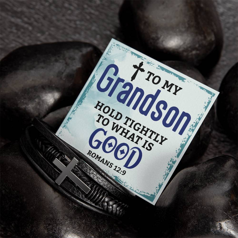 Faith - Grandson - Hold Tightly To What Is Good  - Romans 12:9 - Men's Cross Leather Bracelet - The Shoppers Outlet