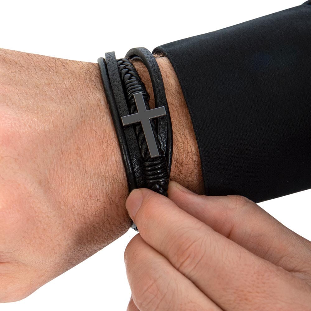 Gift For Husband - With You I Am Home - Men's Cross Leather Bracelet - The Shoppers Outlet