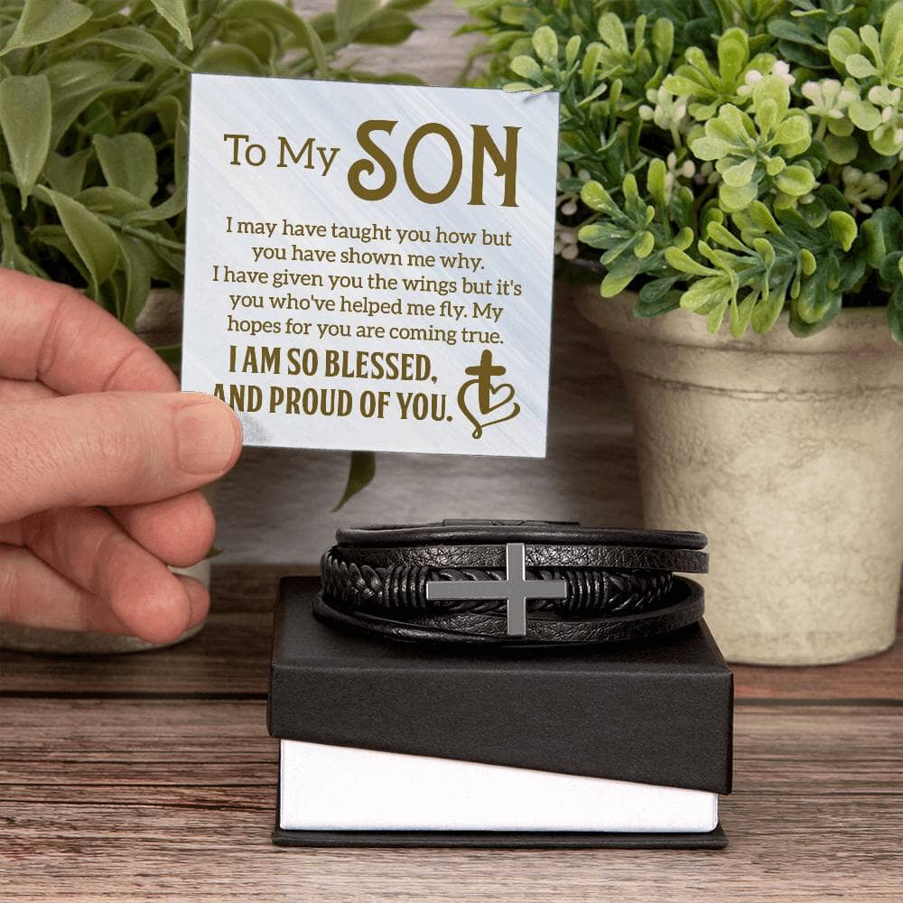 Gift For Son - I Am So Blessed And Proud Of You - Men's Cross Leather Bracelet - The Shoppers Outlet