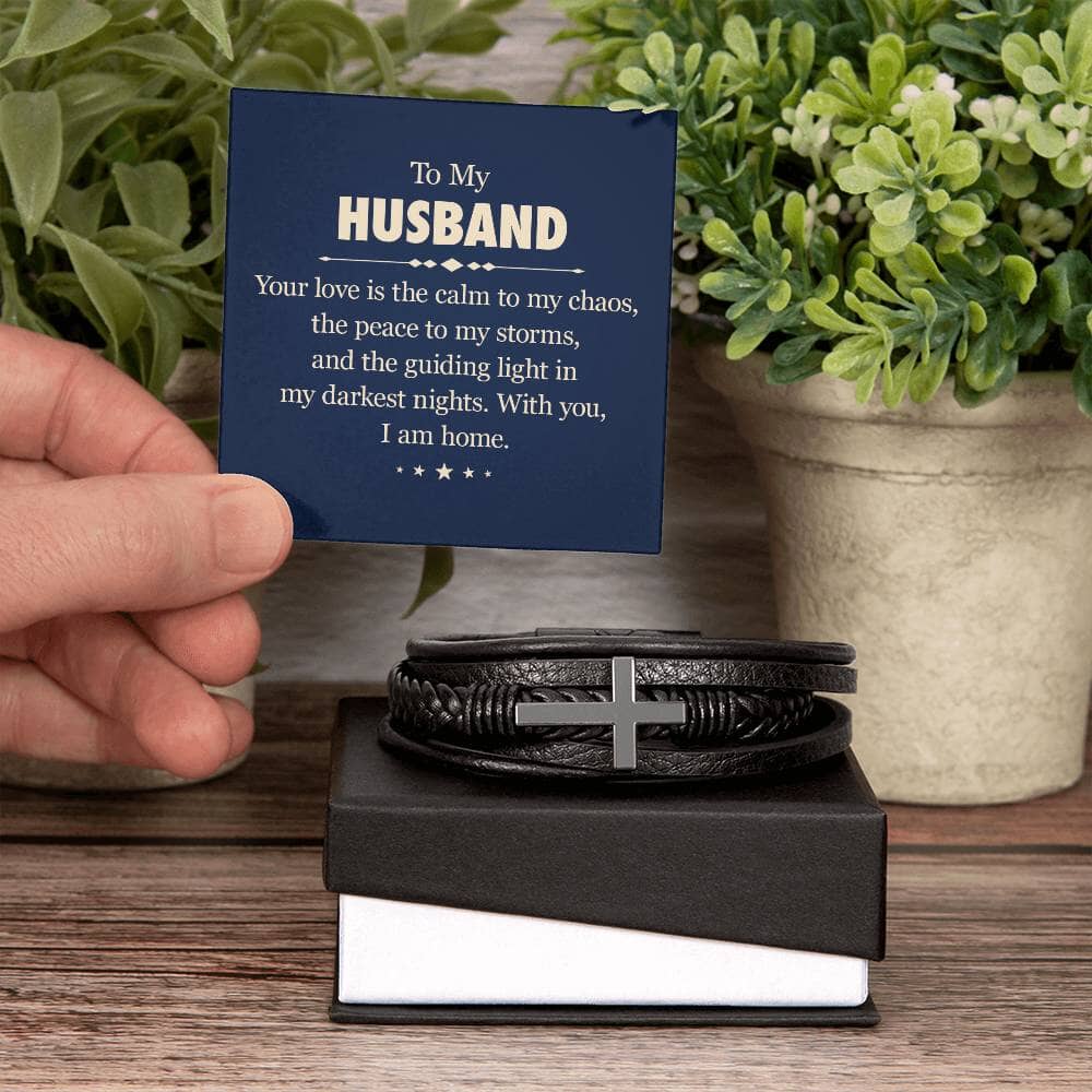 Gift For Husband - With You I Am Home - Men's Cross Leather Bracelet - The Shoppers Outlet