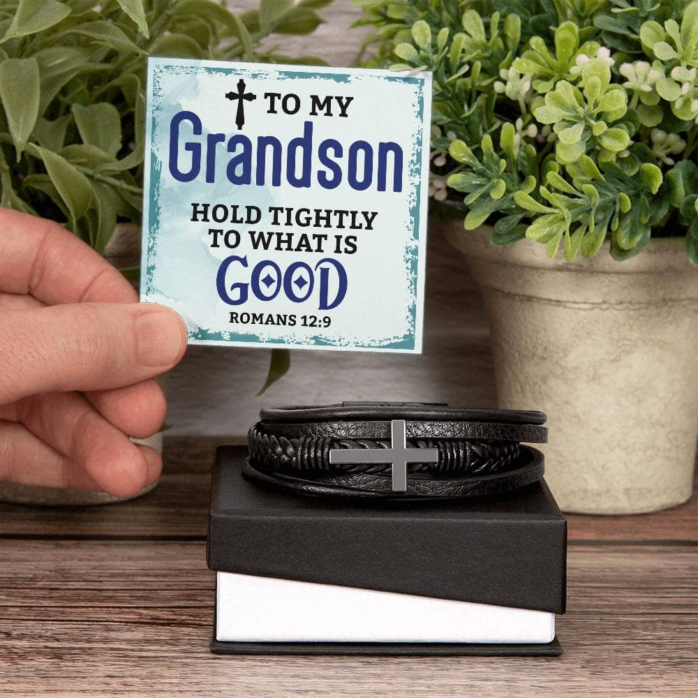 Faith - Grandson - Hold Tightly To What Is Good  - Romans 12:9 - Men's Cross Leather Bracelet - The Shoppers Outlet