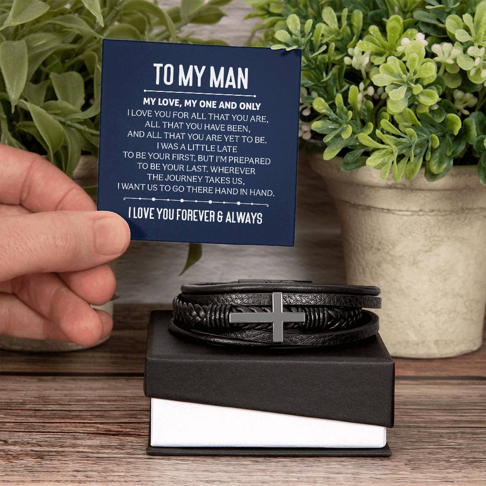 To My Man - My Love, My One And Only. - Men's Cross Leather Bracelet - The Shoppers Outlet