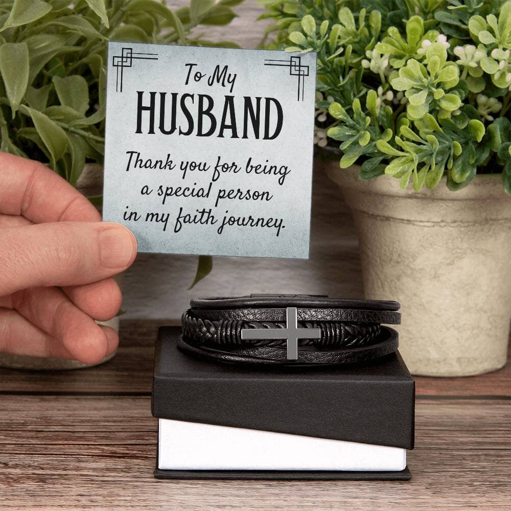 Gift For Husband -Faith - Thank You For Being A Special Person - Men's Cross Leather Bracelet - The Shoppers Outlet