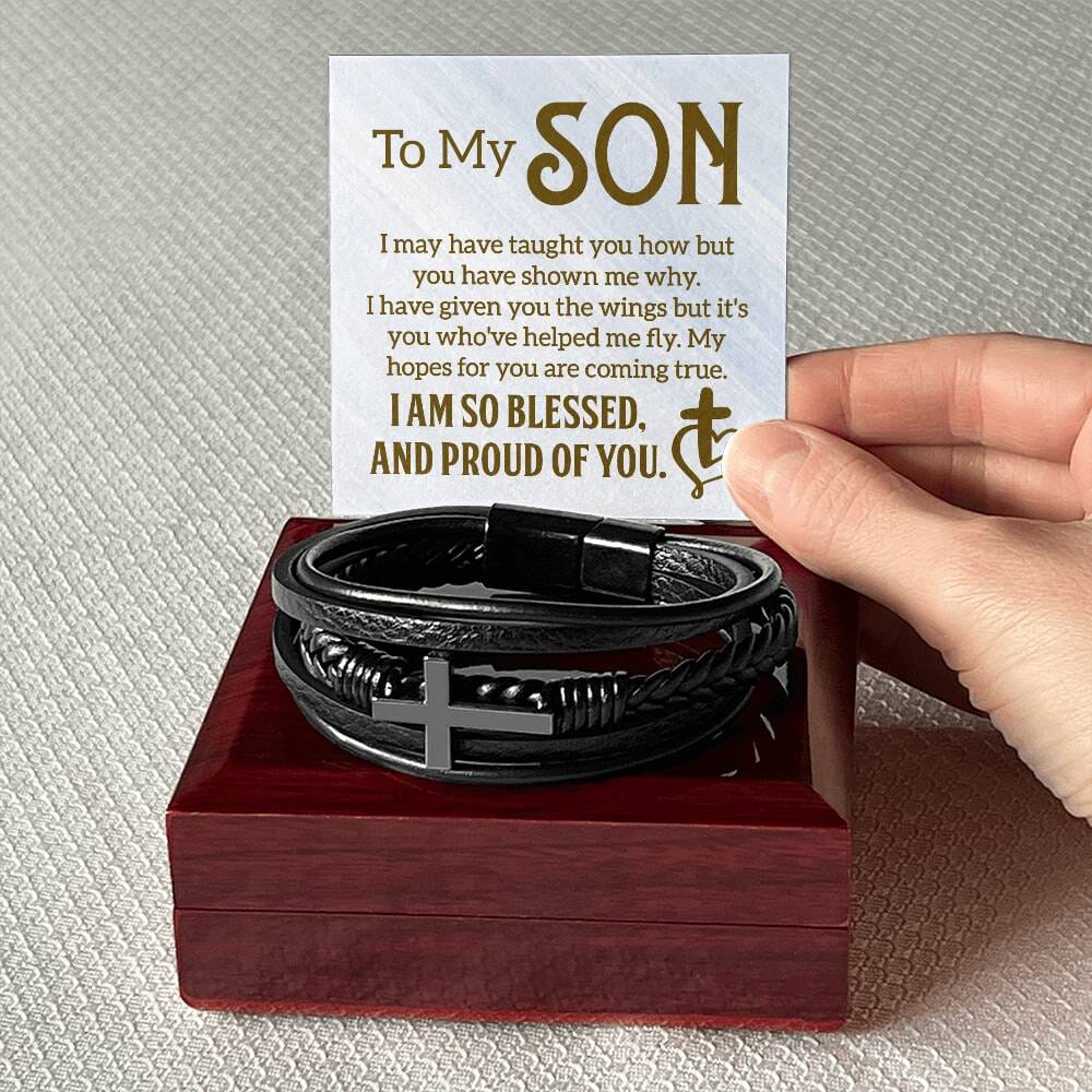 Gift For Son - I Am So Blessed And Proud Of You - Men's Cross Leather Bracelet - The Shoppers Outlet