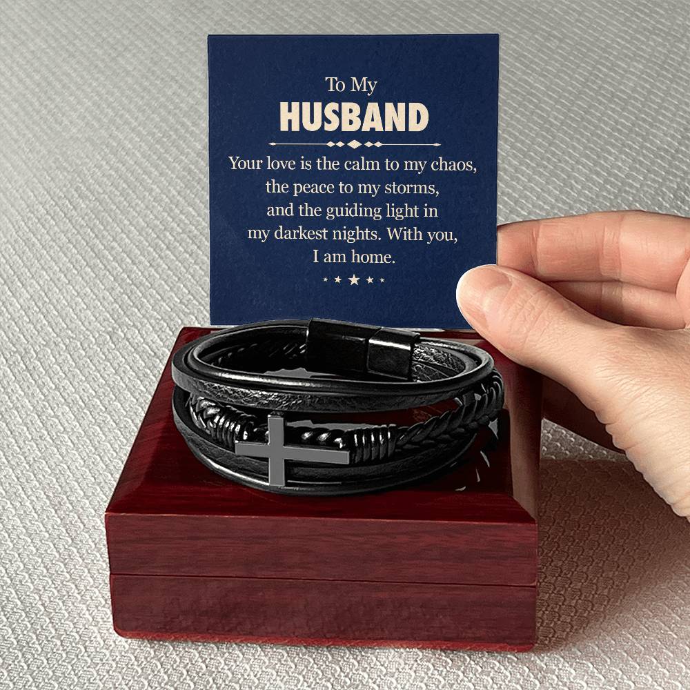 Husband - With You I Am Home - Men's Cross Leather Bracelet - The Shoppers Outlet