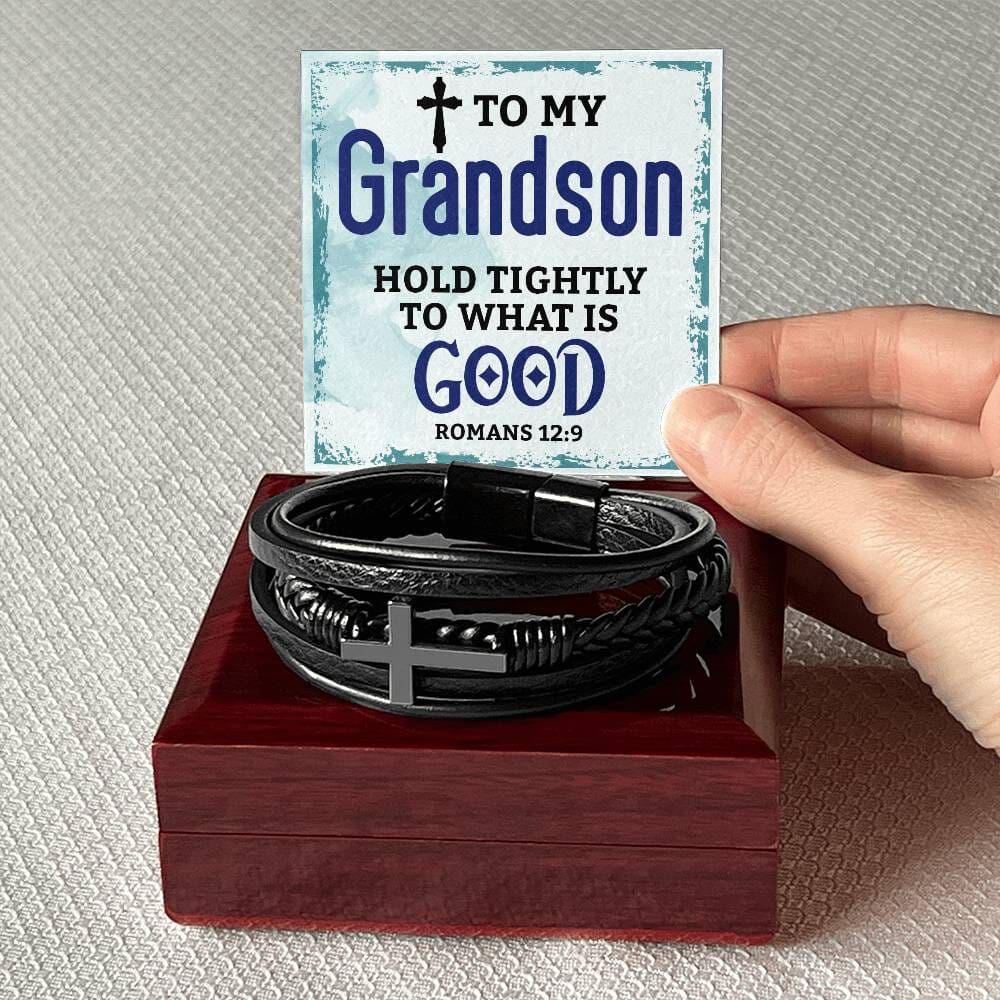 Faith - Grandson - Hold Tightly To What Is Good  - Romans 12:9 - Men's Cross Leather Bracelet - The Shoppers Outlet
