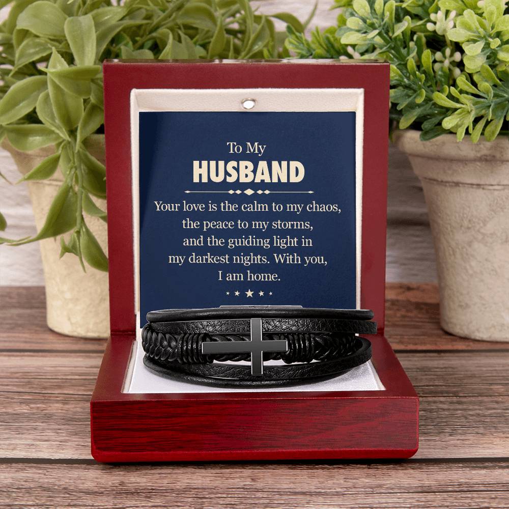 Husband - With You I Am Home - Men's Cross Leather Bracelet - The Shoppers Outlet