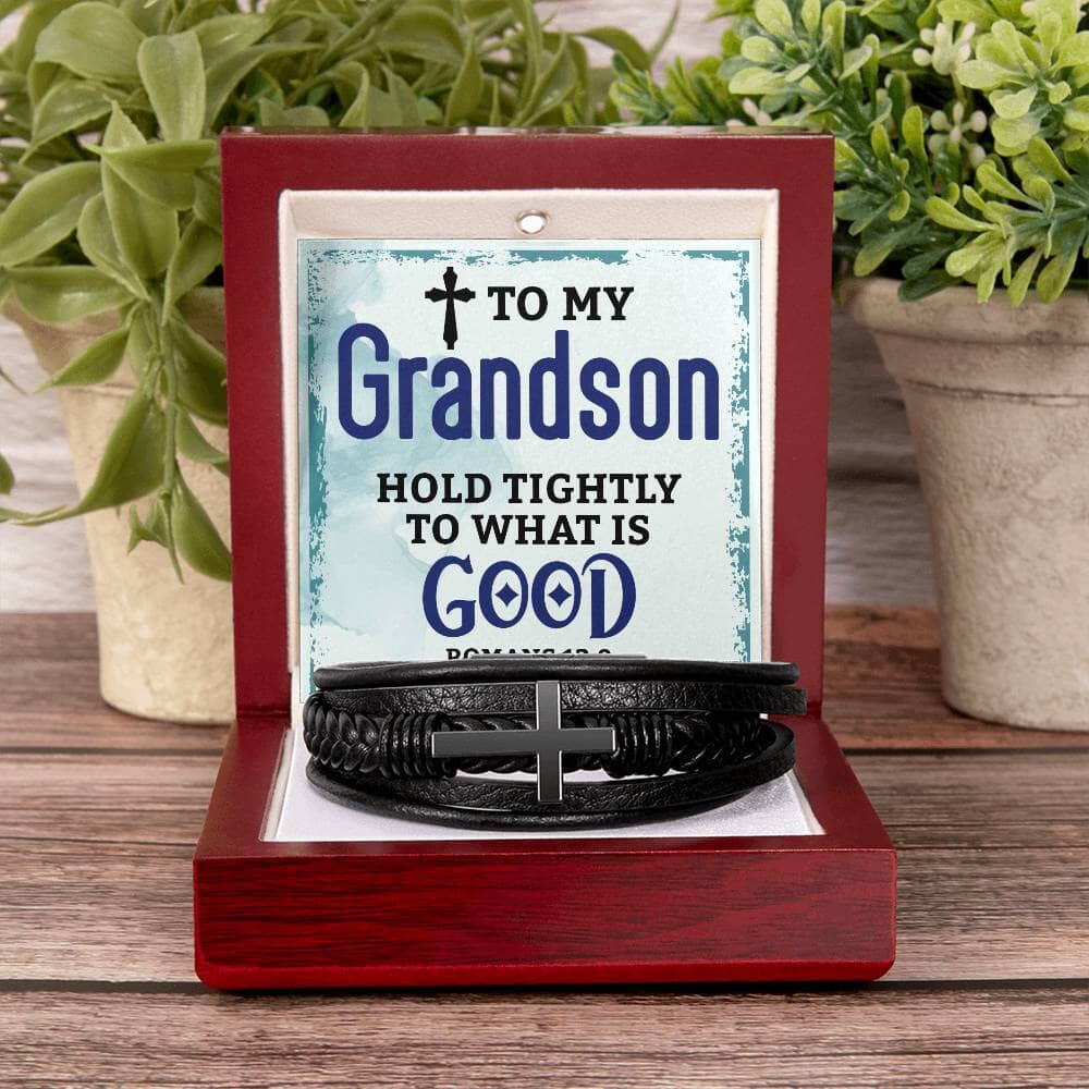 Faith - Grandson - Hold Tightly To What Is Good  - Romans 12:9 - Men's Cross Leather Bracelet - The Shoppers Outlet
