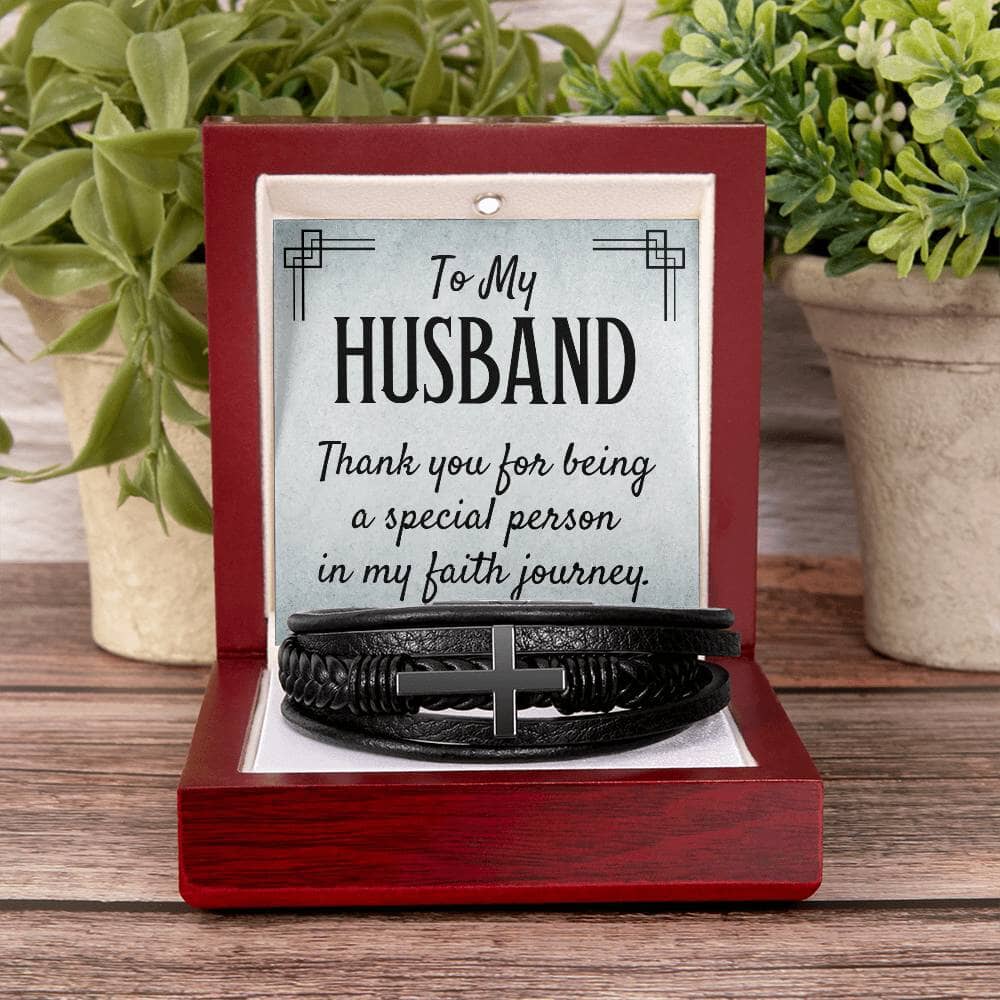 Gift For Husband -Faith - Thank You For Being A Special Person - Men's Cross Leather Bracelet - The Shoppers Outlet