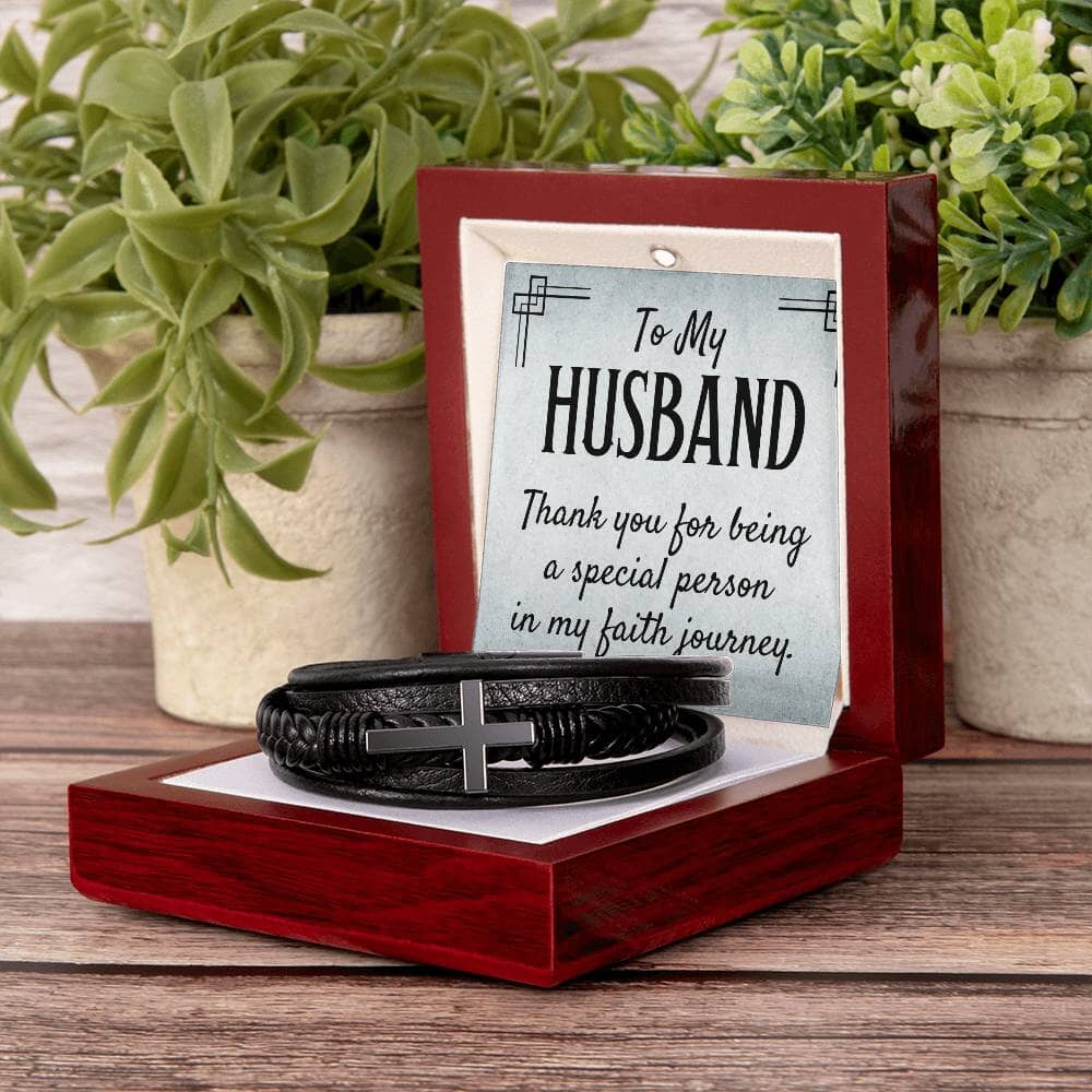 Gift For Husband -Faith - Thank You For Being A Special Person - Men's Cross Leather Bracelet - The Shoppers Outlet