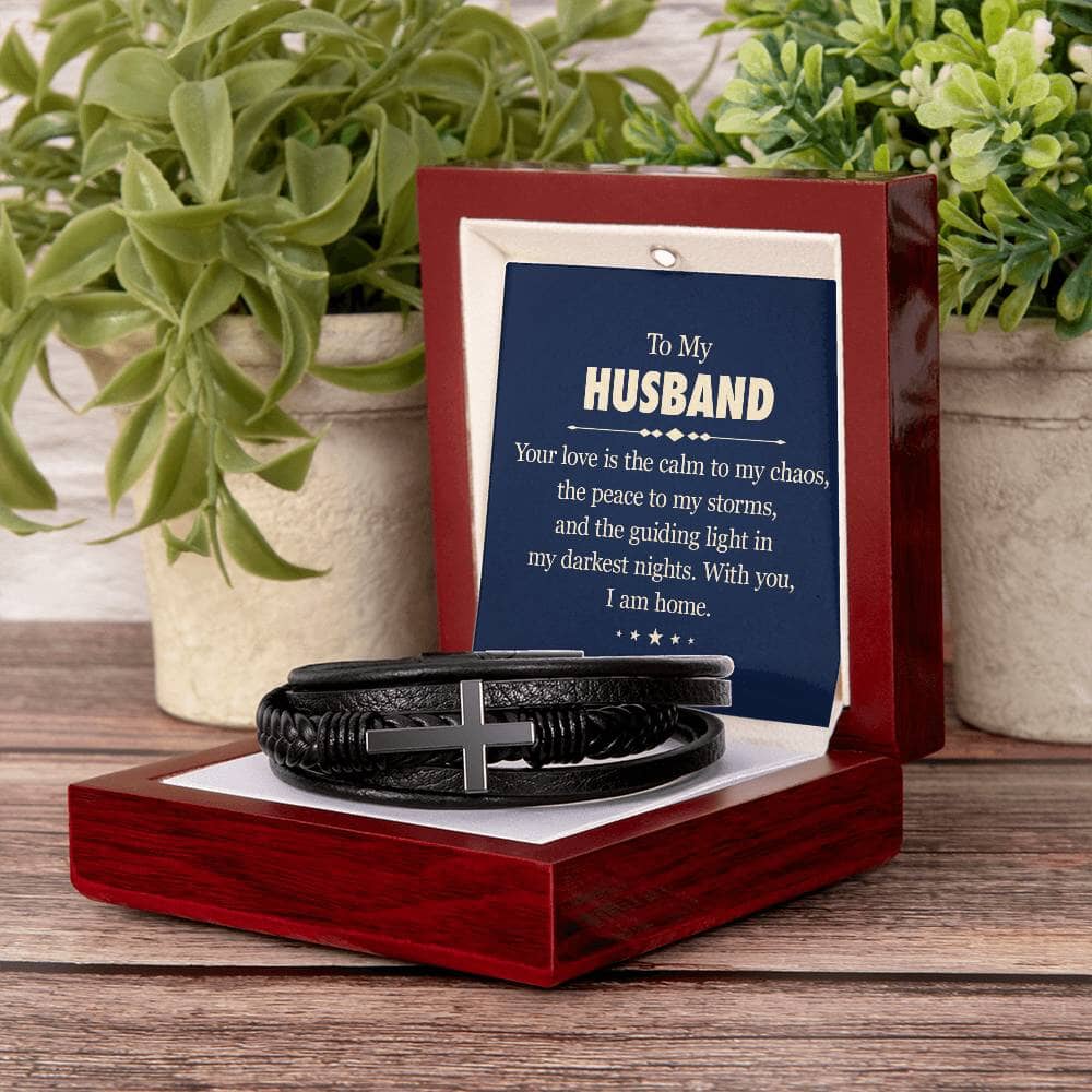 Gift For Husband - With You I Am Home - Men's Cross Leather Bracelet - The Shoppers Outlet