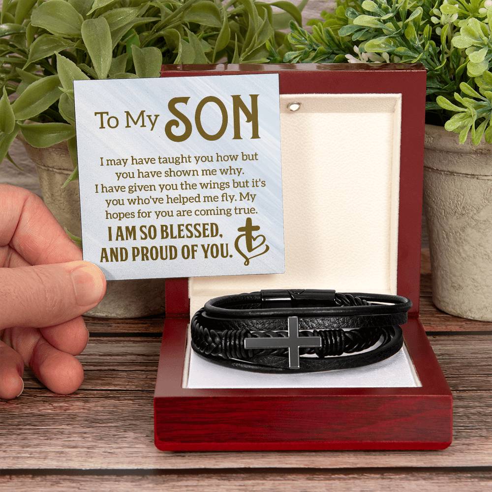 Son - I Am So Blessed And Proud Of You - Men's Cross Leather Bracelet - The Shoppers Outlet