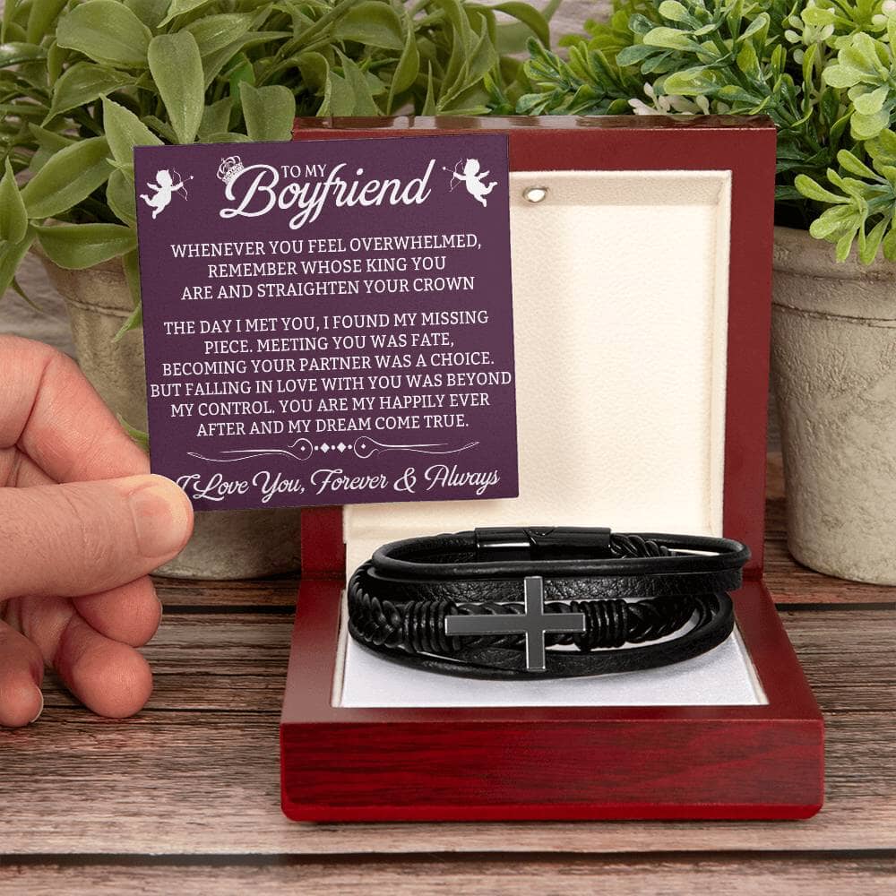 Gift For Boyfriend - Whenever You Feel Overwhelmed - Men's Cross Leather Bracelet - The Shoppers Outlet