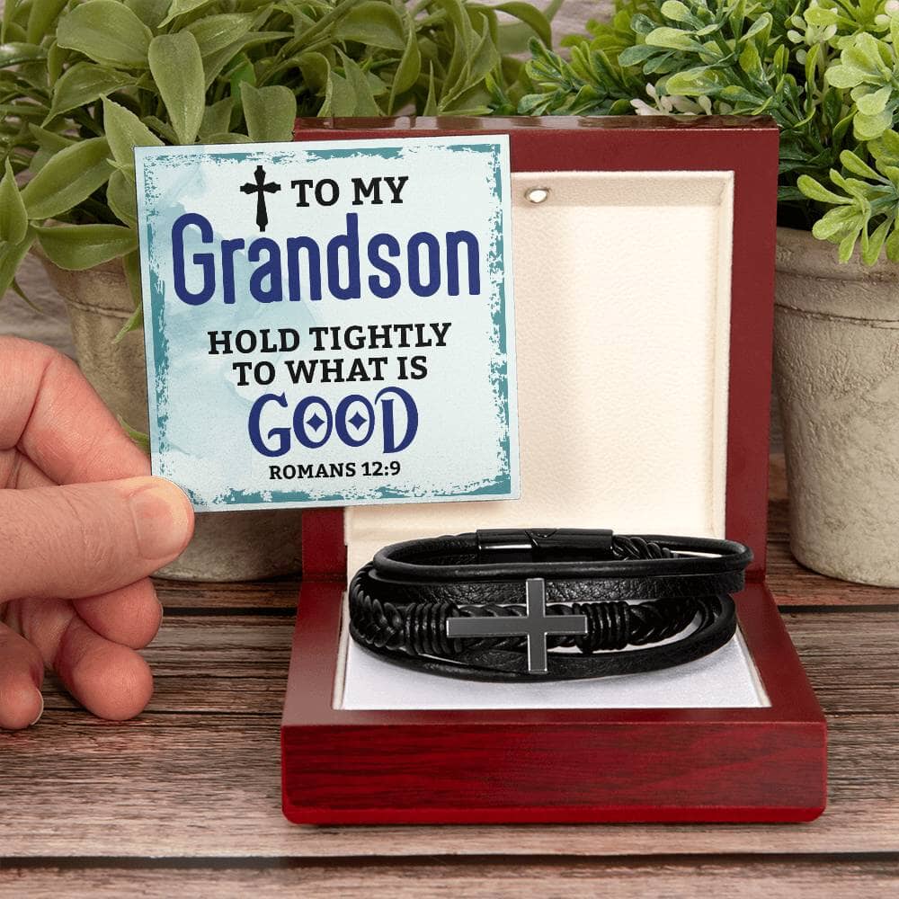 Faith - Grandson - Hold Tightly To What Is Good  - Romans 12:9 - Men's Cross Leather Bracelet - The Shoppers Outlet