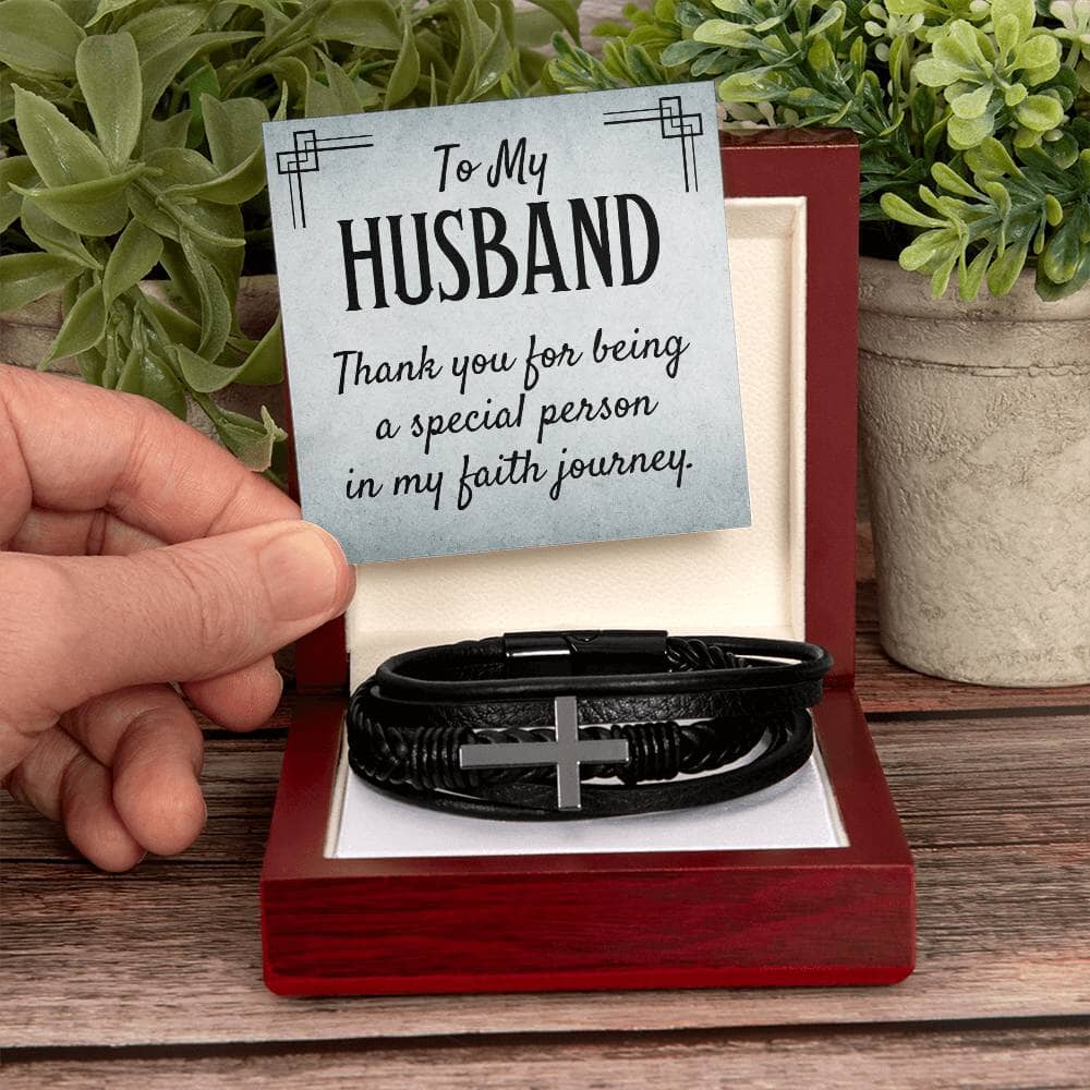 Gift For Husband -Faith - Thank You For Being A Special Person - Men's Cross Leather Bracelet - The Shoppers Outlet