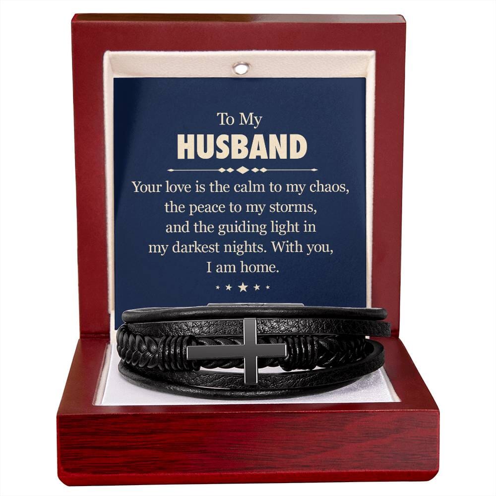 Gift For Husband - With You I Am Home - Men's Cross Leather Bracelet - The Shoppers Outlet