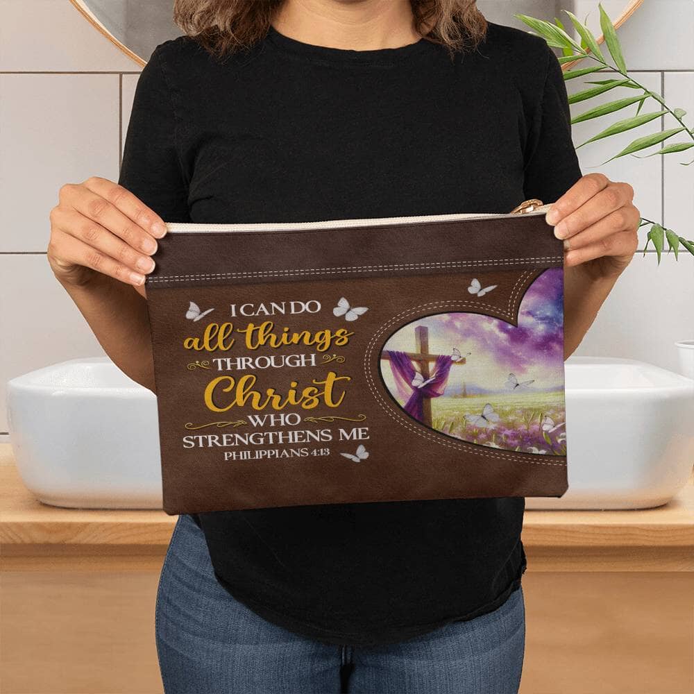 Faith - I Can Do All Things Through Christ Who Strengthens Me - Philippians 4:13 - Large Fabric Zippered Pouch - The Shoppers Outlet