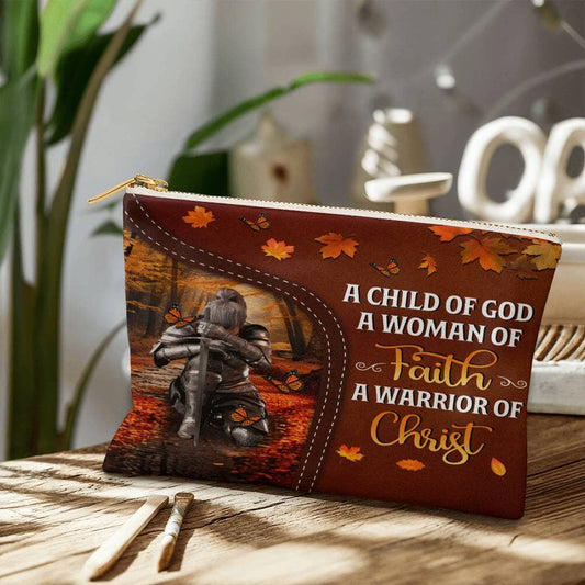 Inspirational - A Child Of God A Woman Of Faith A Warrior Of Christ - Large Fabric Zippered Pouch - The Shoppers Outlet