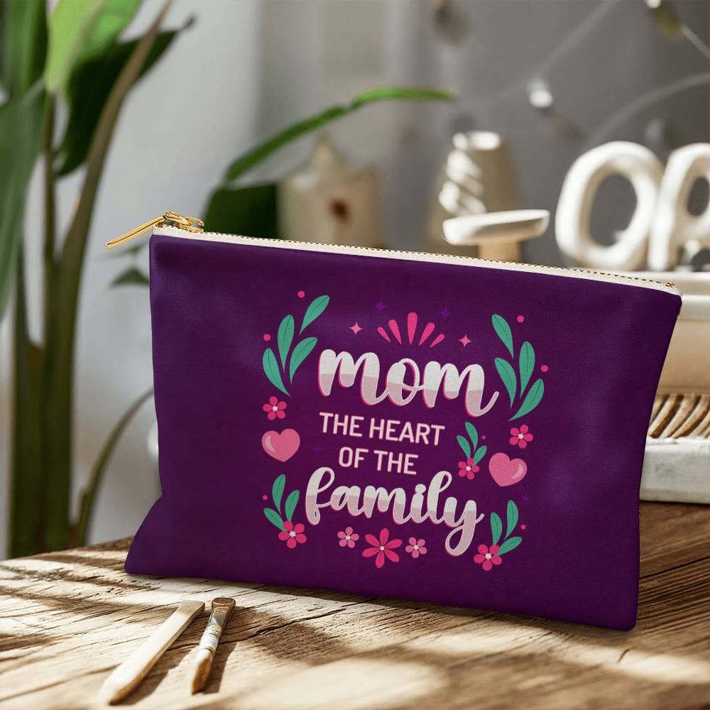 Mom - The Heart Of The Family - Large Fabric Zippered Pouch - The Shoppers Outlet
