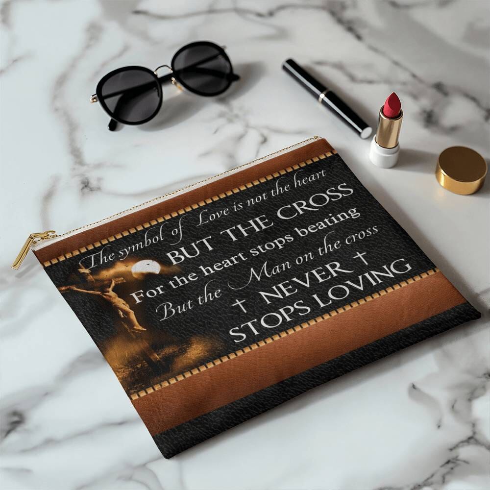 Inspirational - The Symbol Of Love Is Not Th Heart But The Cross - Large Fabric Zippered Pouch - The Shoppers Outlet