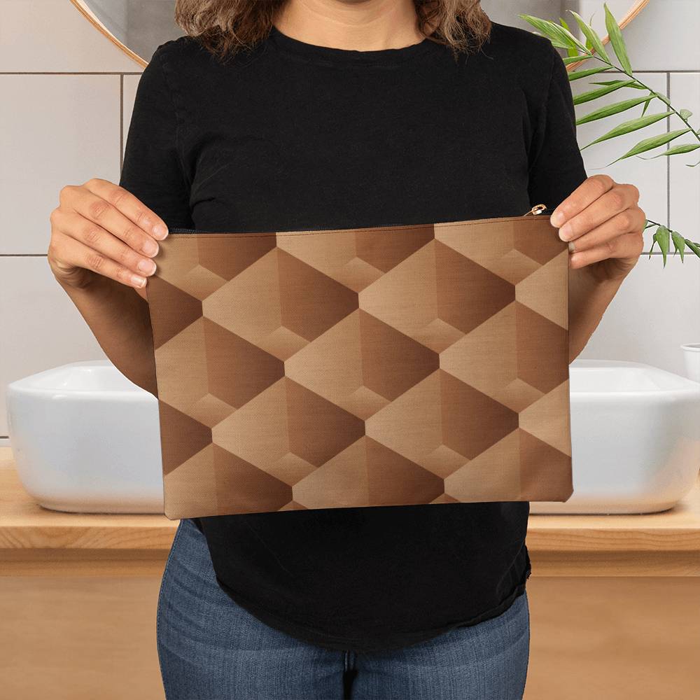 Brown and Beige Geometric Pattern - Large Fabric Zippered Pouch - The Shoppers Outlet