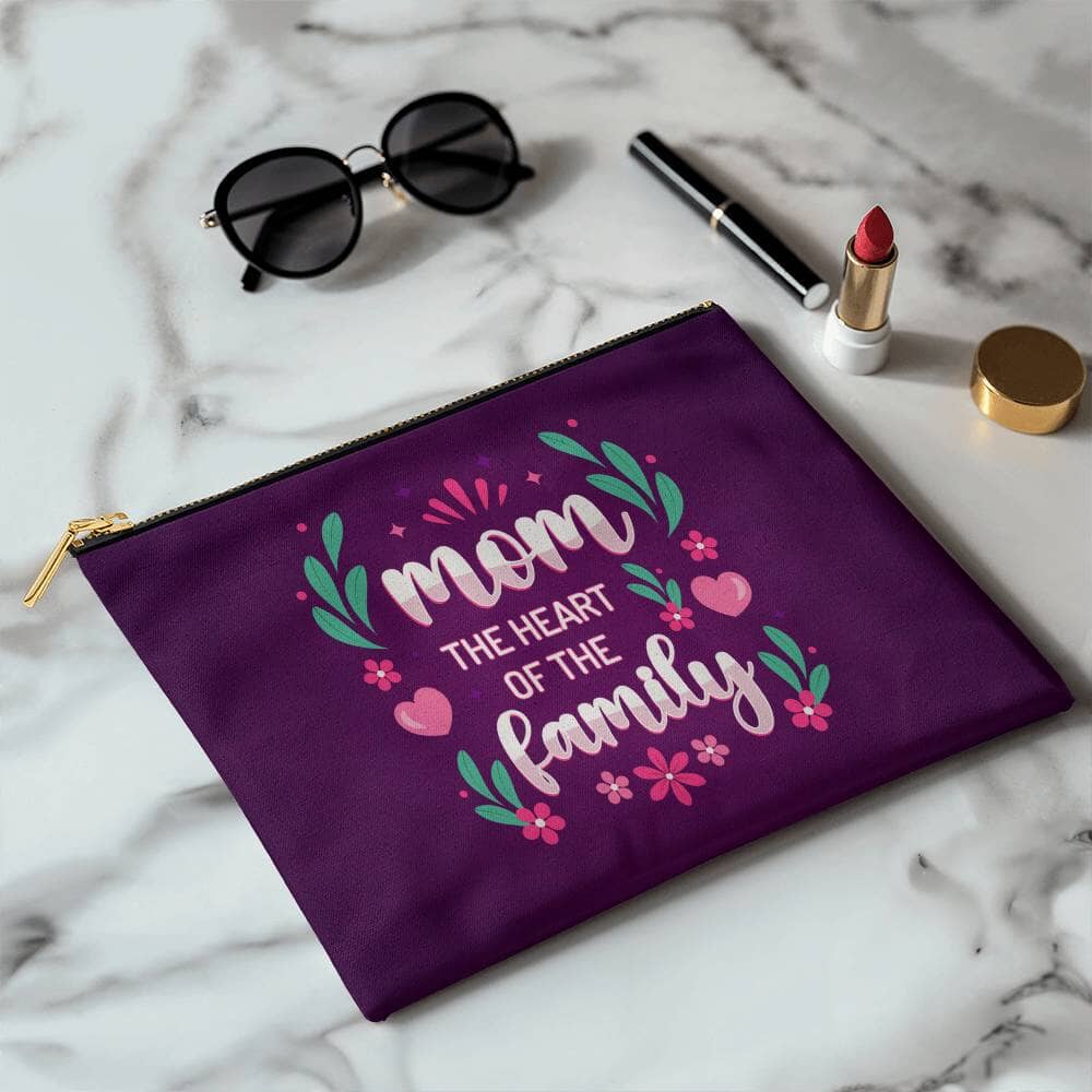 Mom - The Heart Of The Family - Large Fabric Zippered Pouch - The Shoppers Outlet