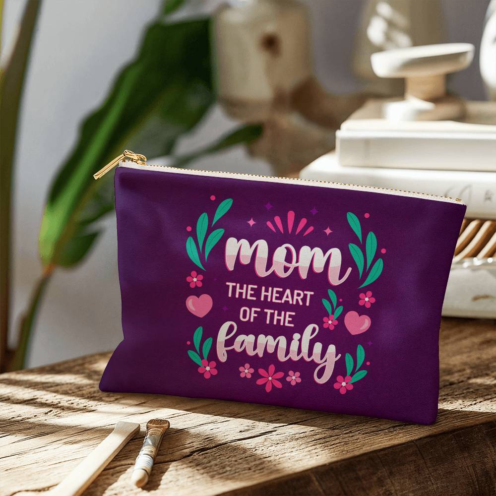 Mom - The Heart Of The Family - Small Fabric Zippered Pouch - The Shoppers Outlet