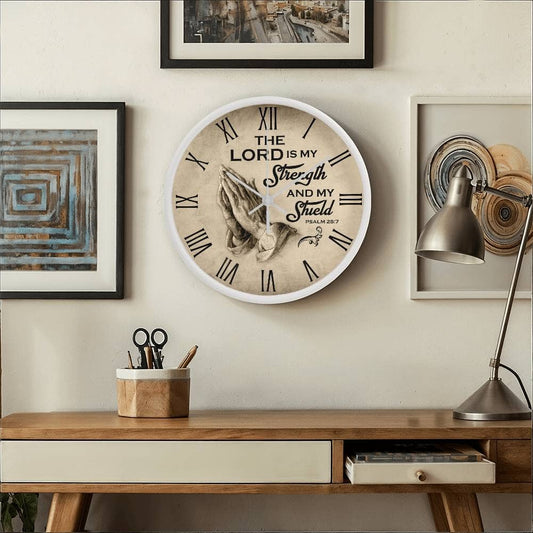 Faith - The Lord Is My Strength And My Shield - PSALMS 28:7 - Wood Frame Wall Clock - The Shoppers Outlet