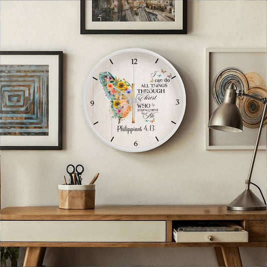 Faith - I Can Do All Things Through Christ Who Strengthens Me - Philippians 4:13 - Wood Frame Wall Clock - The Shoppers Outlet
