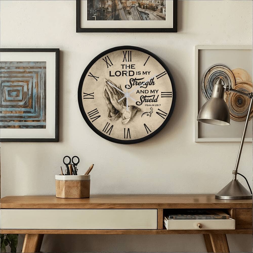 Faith - The Lord Is My Strength And My Shield - PSALMS 28:7 - Wood Frame Wall Clock - The Shoppers Outlet