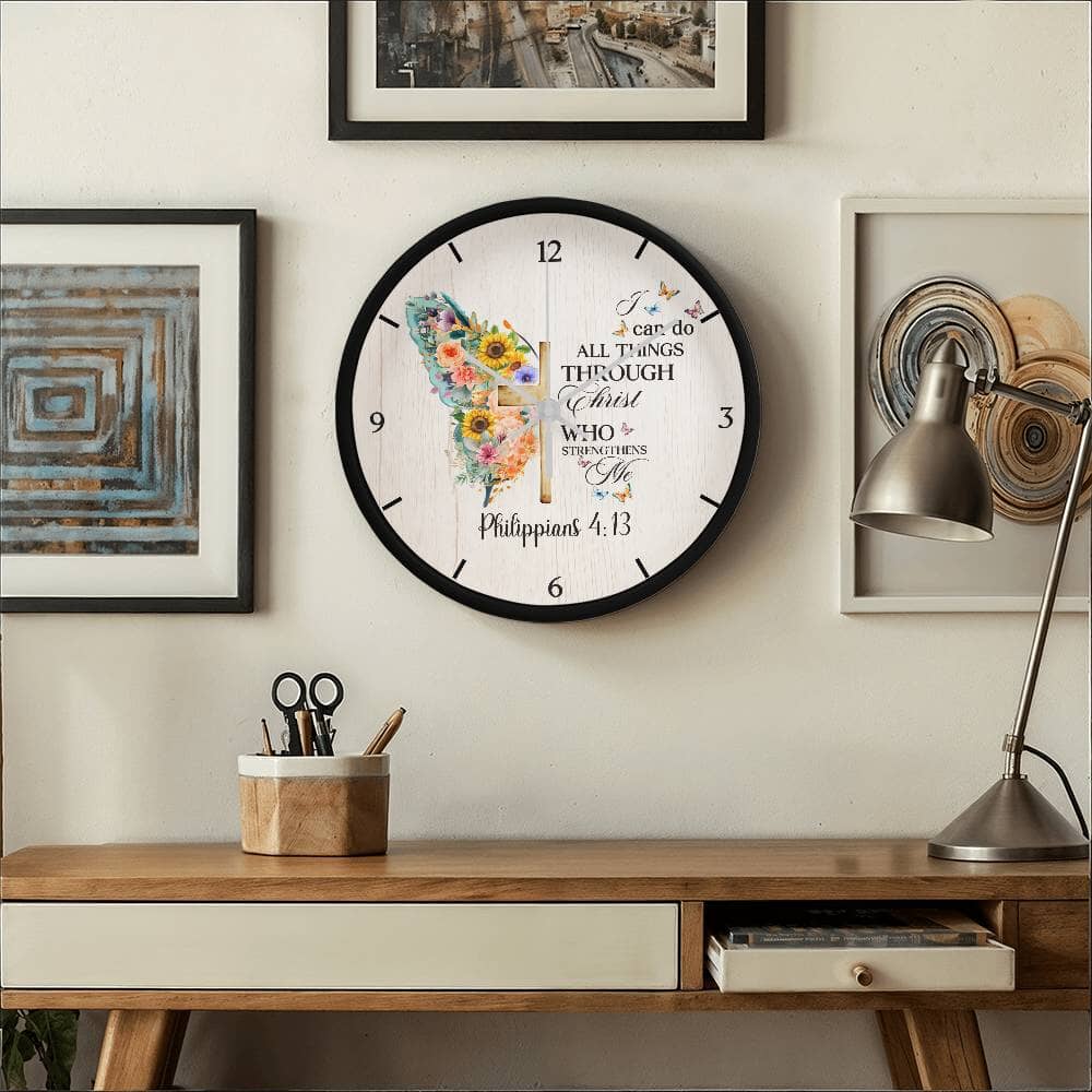 Faith - I Can Do All Things Through Christ Who Strengthens Me - Philippians 4:13 - Wood Frame Wall Clock - The Shoppers Outlet