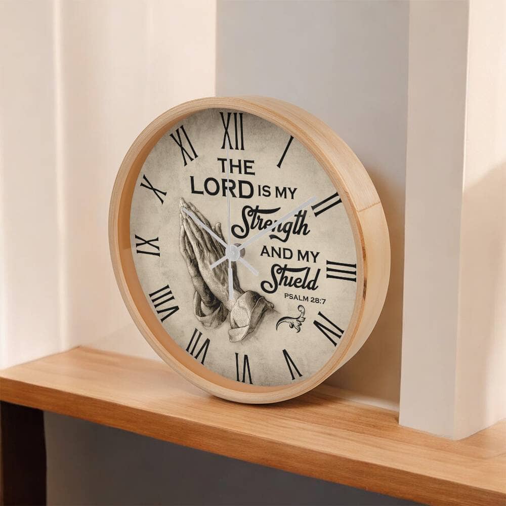 Faith - The Lord Is My Strength And My Shield - PSALMS 28:7 - Wood Frame Wall Clock - The Shoppers Outlet