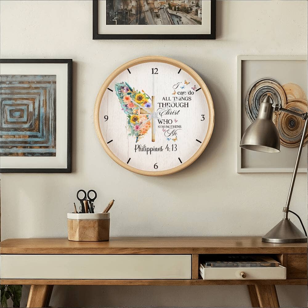 Faith - I Can Do All Things Through Christ Who Strengthens Me - Philippians 4:13 - Wood Frame Wall Clock - The Shoppers Outlet