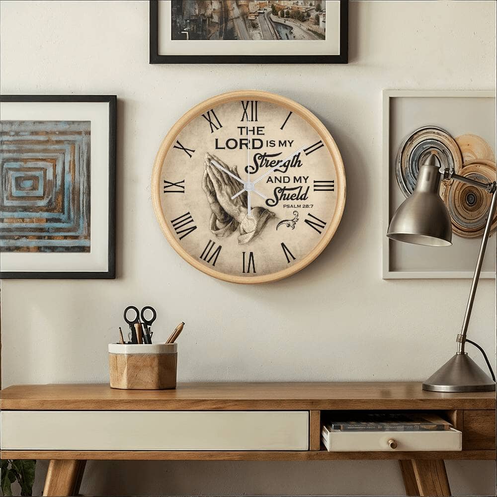 Faith - The Lord Is My Strength And My Shield - PSALMS 28:7 - Wood Frame Wall Clock - The Shoppers Outlet