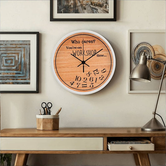 Who Cares You're On Workshop Time - Wood Frame Wall Clock - The Shoppers Outlet
