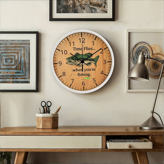 Time Flies When You're Fishing - Wood Frame Wall Clock - The Shoppers Outlet