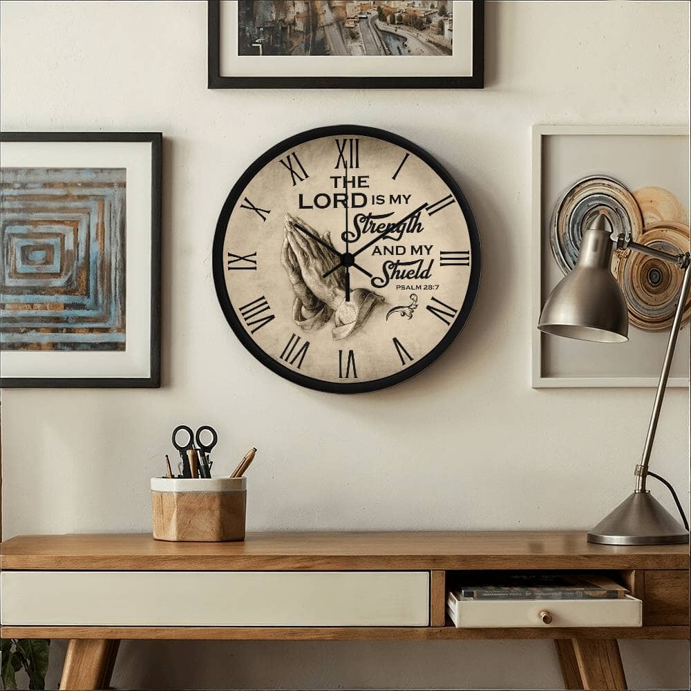 Faith - The Lord Is My Strength And My Shield - PSALMS 28:7 - Wood Frame Wall Clock - The Shoppers Outlet