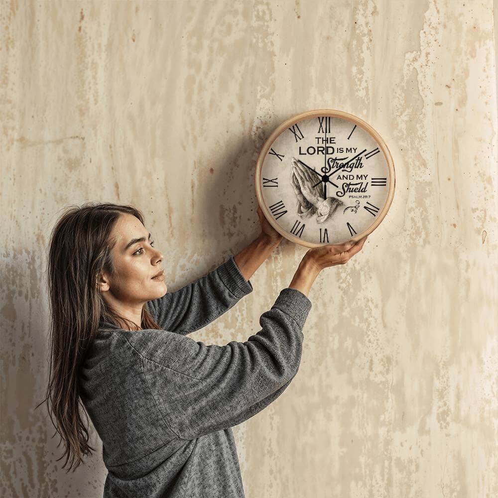 Faith - The Lord Is My Strength And My Shield - PSALMS 28:7 - Wood Frame Wall Clock - The Shoppers Outlet
