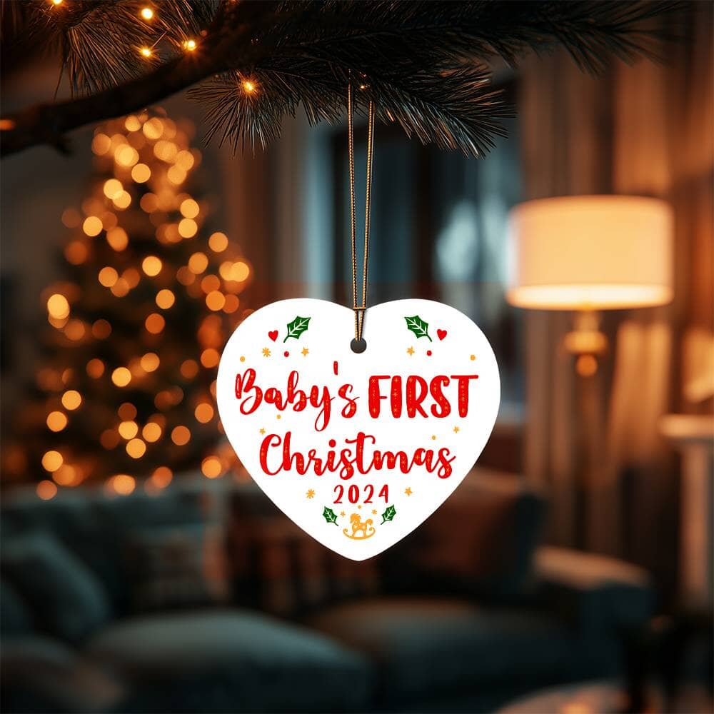 Family - Holiday Ornament - Baby's First Christmas 2024 - High Gloss Heart Ornament - - The Shoppers Outlet