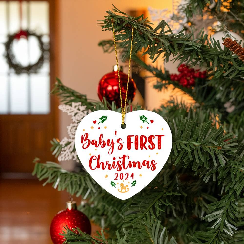Family - Holiday Ornament - Baby's First Christmas 2024 - High Gloss Heart Ornament - - The Shoppers Outlet