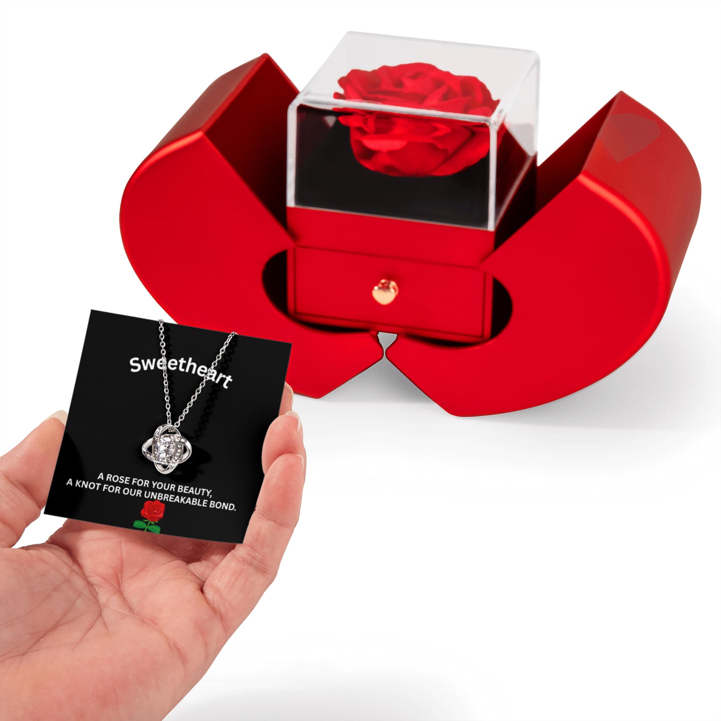 Gift For Soulmate - Our Unbreakable Bond - Love Knot Necklace with Red Heart Rose Box