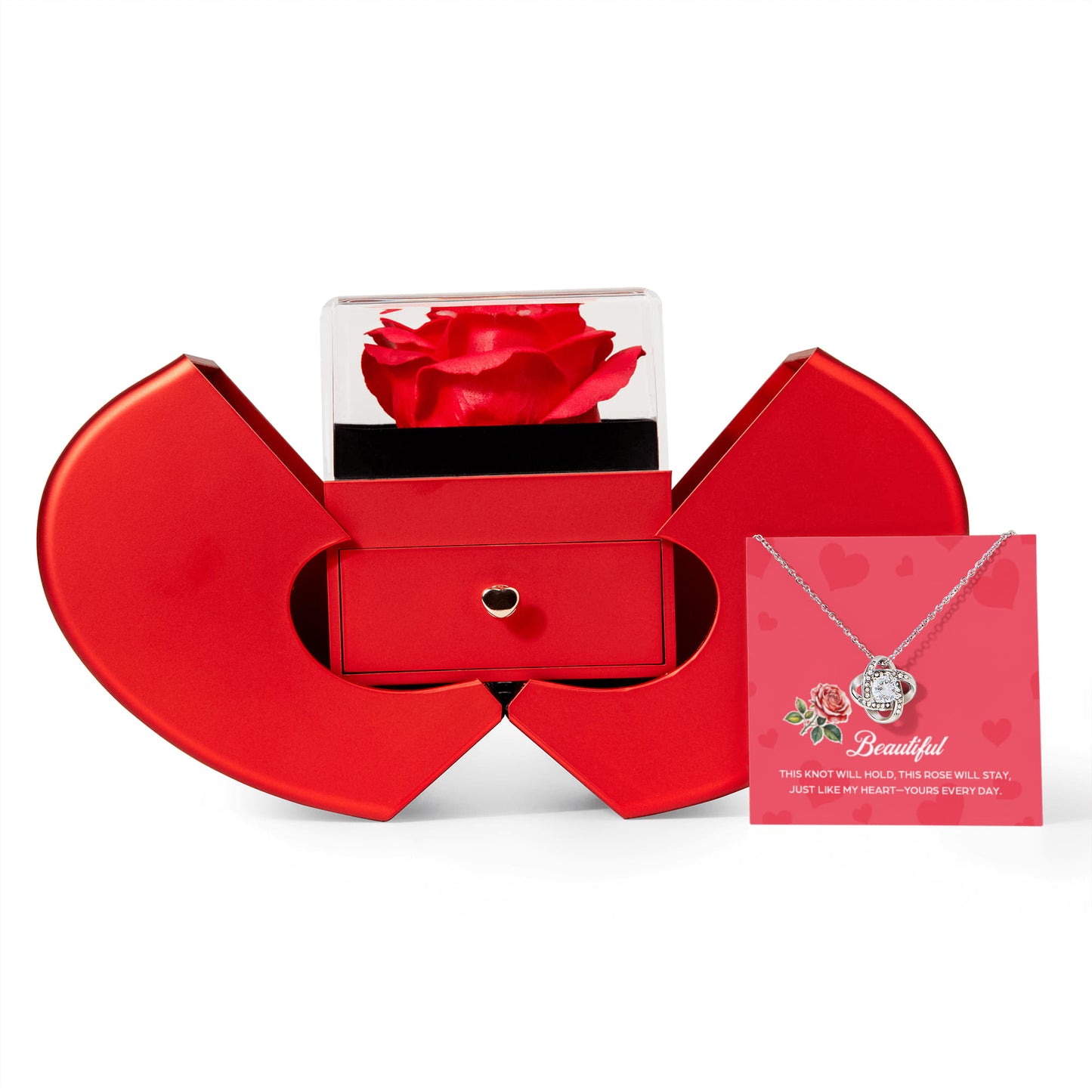 Gift For Soulmate - This Knot Will Hold - Love Knot Necklace with Red Heart Rose Box