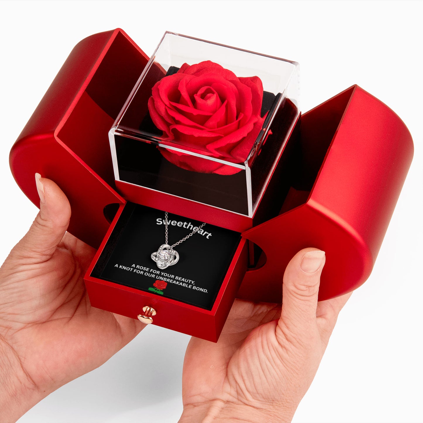 Gift For Soulmate - Our Unbreakable Bond - Love Knot Necklace with Red Heart Rose Box
