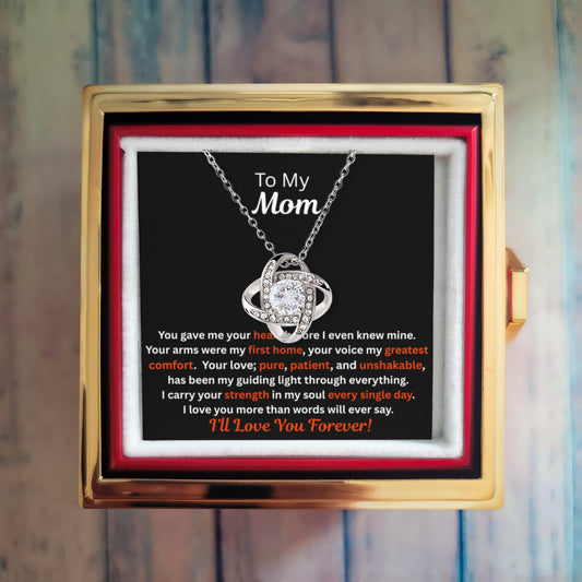 Gift For Mom - Birthday Gift - Mother's Day Gift - I'll Love You Forever - Love Knot Necklace with Rotating Rose Gift Box - The Shoppers Outlet