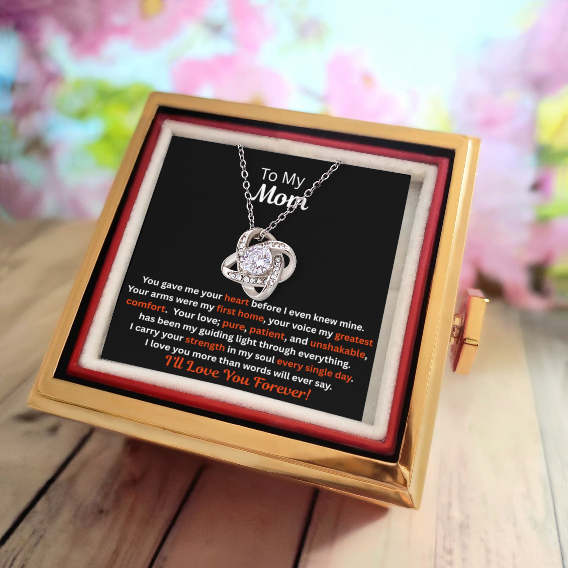 Gift For Mom - Birthday Gift - Mother's Day Gift - I'll Love You Forever - Love Knot Necklace with Rotating Rose Gift Box - The Shoppers Outlet